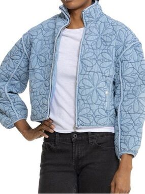 Blank NYC Powder Blue Quilted Floral-Pattern Puffer Jacket Size XS